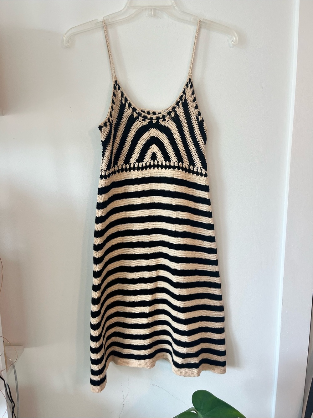 Black and Cream Striped Knit Midi Dress with Spaghetti Straps